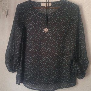 LOFT Ann Taylor Polka Dot Semi Transparent 3/4 Sleeves High Low Hem Pullover Top